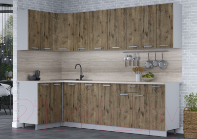 Кухонный гарнитур Интерлиния Мила Лайт 1.2x2.7 (дуб веллингтон/дуб веллингтон/травертин серый)