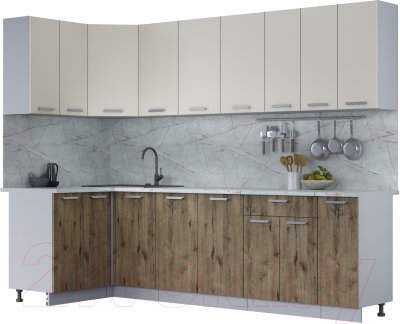 Кухонный гарнитур Интерлиния Мила Лайт 1.2x2.7 (персидский жемчуг/дуб веллингтон/серый каспий) - фото