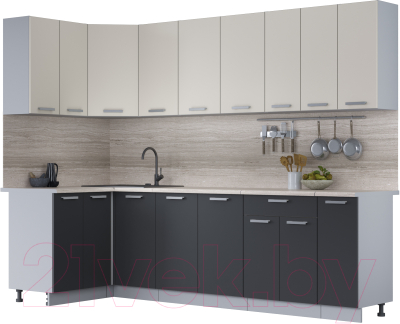 Кухонный гарнитур Интерлиния Мила Лайт 1.2x2.7 (персидский жемчуг/антрацит/травертин серый) - фото