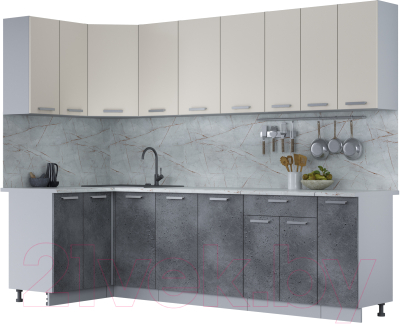 Кухонный гарнитур Интерлиния Мила Лайт 1.2x2.7 (персидский жемчуг/бетон портленд/серый каспий) - фото