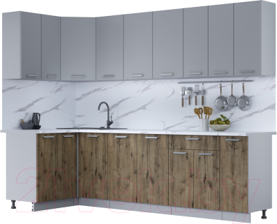Кухонный гарнитур Интерлиния Мила Лайт 1.2x2.7 (серебро/дуб веллингтон/белый гранит) - фото