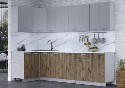 Кухонный гарнитур Интерлиния Мила Лайт 1.2x2.7 (серебро/дуб веллингтон/белый гранит)