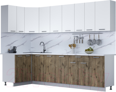 Кухонный гарнитур Интерлиния Мила Лайт 1.2x2.8 (белый платинум/дуб веллингтон/белый гранит) - фото