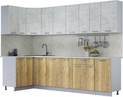 Кухонный гарнитур Интерлиния Мила Лайт 1.2x2.8 (бетон лайт/дуб золотой/опал светлый) - фото