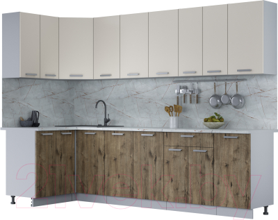 Кухонный гарнитур Интерлиния Мила Лайт 1.2x2.8 (персидский жемчуг/дуб веллингтон/серый каспий) - фото