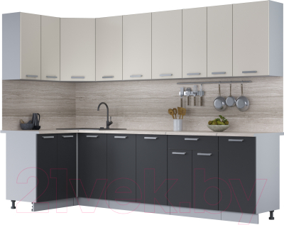 Кухонный гарнитур Интерлиния Мила Лайт 1.2x2.8 (персидский жемчуг/антрацит/травертин серый) - фото