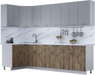 Кухонный гарнитур Интерлиния Мила Лайт 1.2x2.8 (серебро/дуб веллингтон/белый гранит) - фото