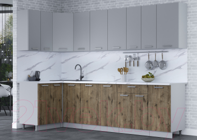 Кухонный гарнитур Интерлиния Мила Лайт 1.2x2.8 (серебро/дуб веллингтон/белый гранит)