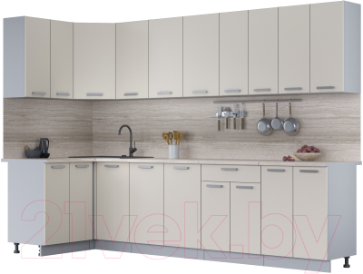 Кухонный гарнитур Интерлиния Мила Лайт 1.2x3.0 (персидский жемчуг/персидский жемчуг/травертин серый) - фото