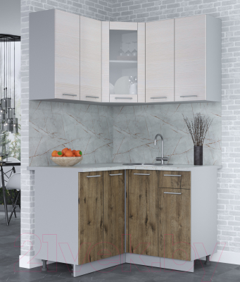 Кухонный гарнитур Интерлиния Мила 12x12 (вудлайн кремовый/дуб веллингтон/серый каспий)