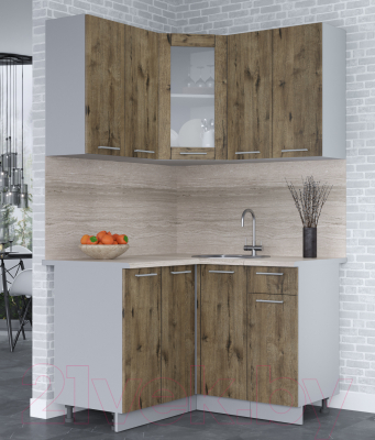 Кухонный гарнитур Интерлиния Мила 12x12 (дуб веллингтон/дуб веллингтон/травертин серый)