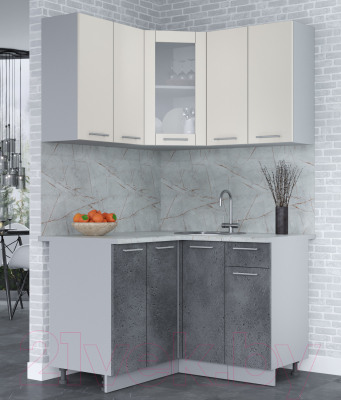 Кухонный гарнитур Интерлиния Мила 12x12 (персидский жемчуг/бетон портленд/серый каспий)