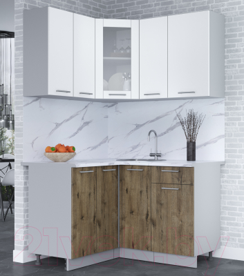 Кухонный гарнитур Интерлиния Мила 12x13 (белый платинум/дуб веллингтон/белый гранит)