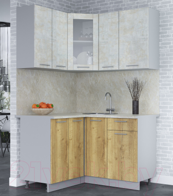 Кухонный гарнитур Интерлиния Мила 12x13 (бетон лайт/дуб золотой/опал светлый)
