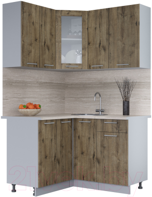 Кухонный гарнитур Интерлиния Мила 12x13 (дуб веллингтон/дуб веллингтон/травертин серый) - фото