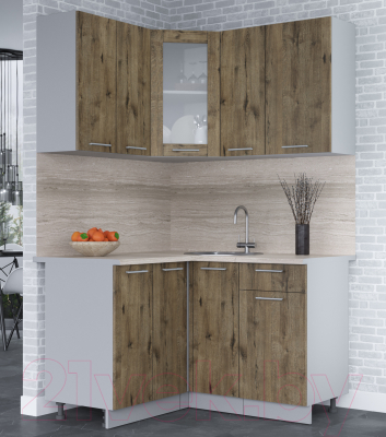 Кухонный гарнитур Интерлиния Мила 12x13 (дуб веллингтон/дуб веллингтон/травертин серый)
