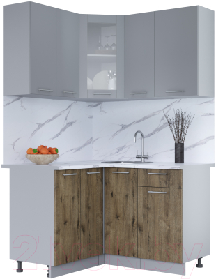 Кухонный гарнитур Интерлиния Мила 12x13 (серебро/дуб веллингтон/белый гранит) - фото