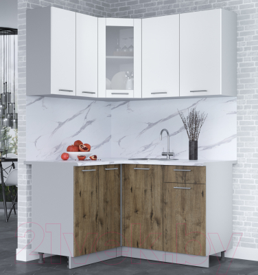 Кухонный гарнитур Интерлиния Мила 12x14 (белый платинум/дуб веллингтон/белый гранит)