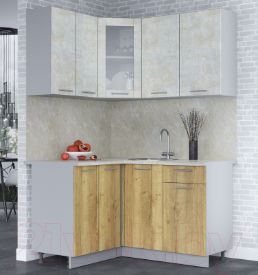 Кухонный гарнитур Интерлиния Мила 12x14 (бетон лайт/дуб золотой/опал светлый)