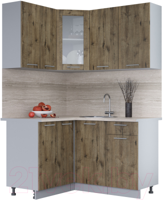 Кухонный гарнитур Интерлиния Мила 12x14 (дуб веллингтон/дуб веллингтон/травертин серый) - фото