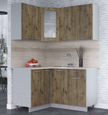 Кухонный гарнитур Интерлиния Мила 12x14 (дуб веллингтон/дуб веллингтон/травертин серый)