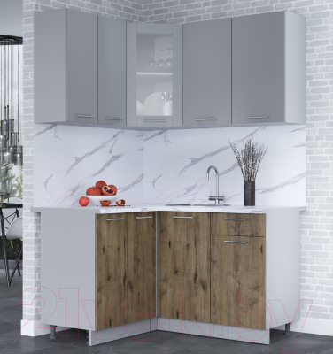 Кухонный гарнитур Интерлиния Мила 12x14 (серебро/дуб веллингтон/белый гранит)