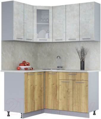 Кухонный гарнитур Интерлиния Мила 12x15 (бетон лайт/дуб золотой/опал светлый) - фото