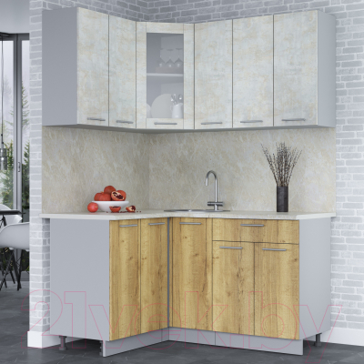 Кухонный гарнитур Интерлиния Мила 12x15 (бетон лайт/дуб золотой/опал светлый)