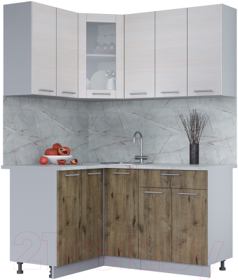 Кухонный гарнитур Интерлиния Мила 12x15 (вудлайн кремовый/дуб веллингтон/серый каспий) - фото