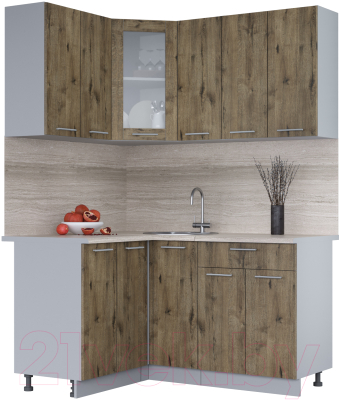 Кухонный гарнитур Интерлиния Мила 12x15 (дуб веллингтон/дуб веллингтон/травертин серый) - фото