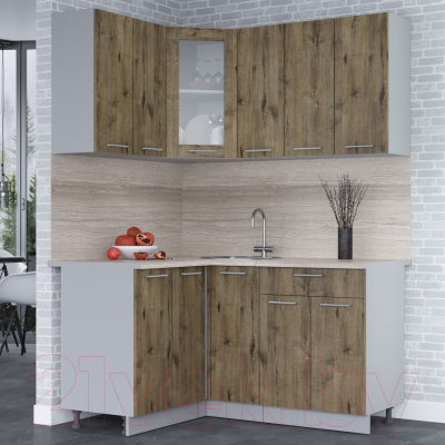 Кухонный гарнитур Интерлиния Мила 12x15 (дуб веллингтон/дуб веллингтон/травертин серый)