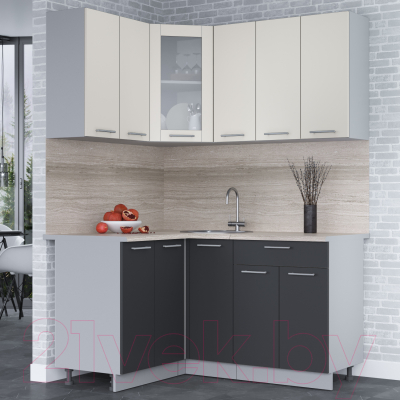 Кухонный гарнитур Интерлиния Мила 12x15 (персидский жемчуг/антрацит/травертин серый)