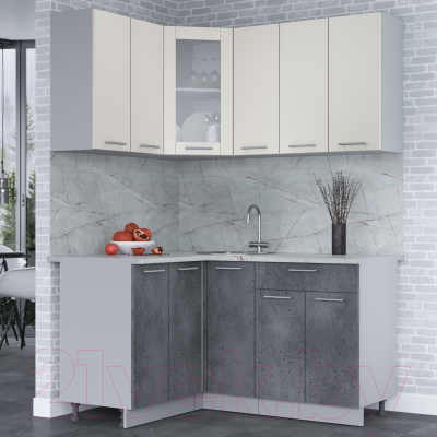 Кухонный гарнитур Интерлиния Мила 12x15 (персидский жемчуг/бетон портленд/серый каспий)