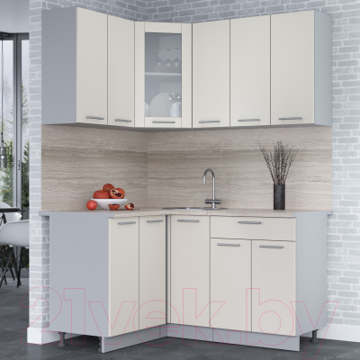Кухонный гарнитур Интерлиния Мила 12x15 (персидский жемчуг/персидский жемчуг/травертин серый)