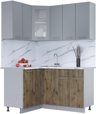 Кухонный гарнитур Интерлиния Мила 12x15 (серебро/дуб веллингтон/белый гранит) - фото