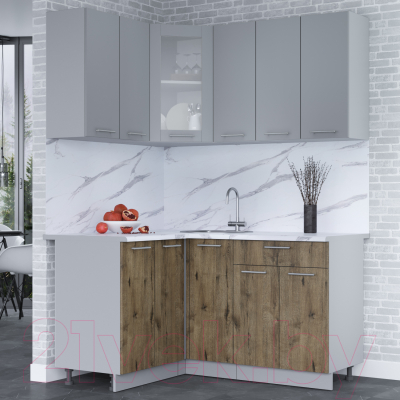 Кухонный гарнитур Интерлиния Мила 12x15 (серебро/дуб веллингтон/белый гранит)