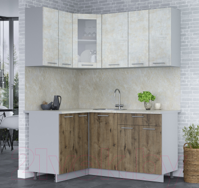 Кухонный гарнитур Интерлиния Мила 12x16 (бетон лайт/дуб веллингтон/опал светлый)