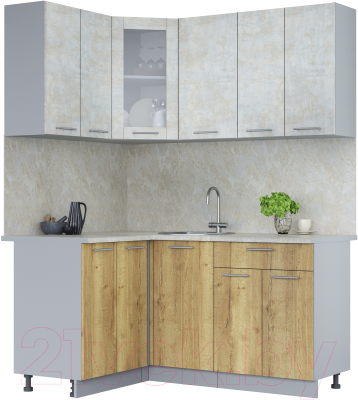Кухонный гарнитур Интерлиния Мила 12x16 (бетон лайт/дуб золотой/опал светлый) - фото