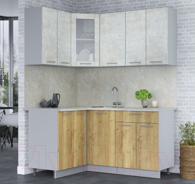 Кухонный гарнитур Интерлиния Мила 12x16 (бетон лайт/дуб золотой/опал светлый)