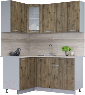 Кухонный гарнитур Интерлиния Мила 12x16 (дуб веллингтон/дуб веллингтон/травертин серый) - фото