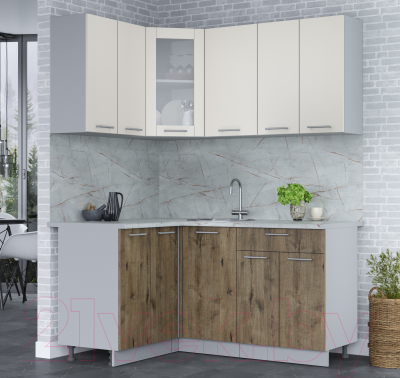 Кухонный гарнитур Интерлиния Мила 12x16 (персидский жемчуг/дуб веллингтон/серый каспий)