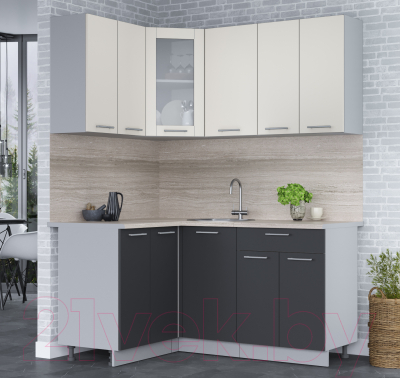 Кухонный гарнитур Интерлиния Мила 12x16 (персидский жемчуг/антрацит/травертин серый)