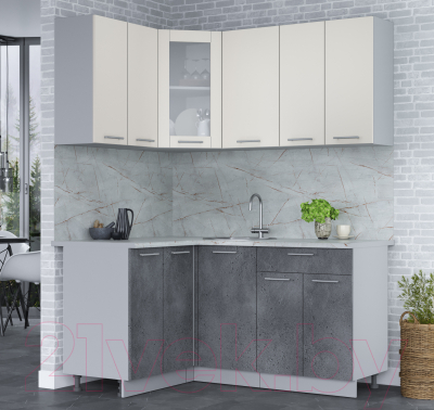 Кухонный гарнитур Интерлиния Мила 12x16 (персидский жемчуг/бетон портленд/серый каспий)