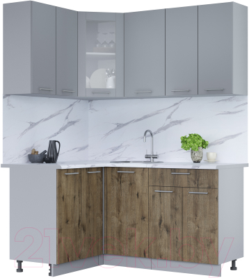 Кухонный гарнитур Интерлиния Мила 12x16 (серебро/дуб веллингтон/белый гранит) - фото