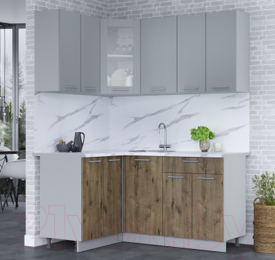 Кухонный гарнитур Интерлиния Мила 12x16 (серебро/дуб веллингтон/белый гранит)
