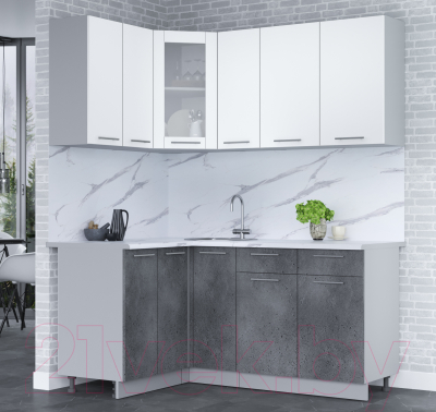 Кухонный гарнитур Интерлиния Мила 12x17 (белый платинум/бетон портленд/белый гранит)