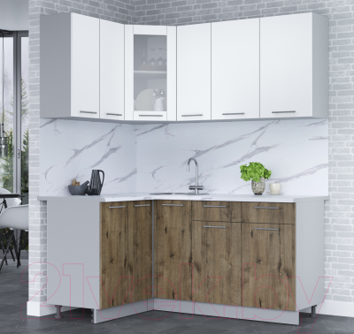 Кухонный гарнитур Интерлиния Мила 12x17 (белый платинум/дуб веллингтон/белый гранит)