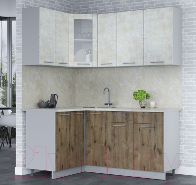 Кухонный гарнитур Интерлиния Мила 12x17 (бетон лайт/дуб веллингтон/опал светлый)