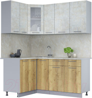 Кухонный гарнитур Интерлиния Мила 12x17 (бетон лайт/дуб золотой/опал светлый) - фото