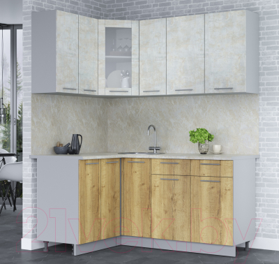 Кухонный гарнитур Интерлиния Мила 12x17 (бетон лайт/дуб золотой/опал светлый)